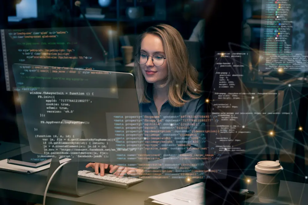 data engineer: a woman sitting in front of a laptop coding software