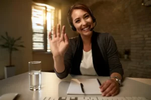 remote job interview: a woman doing an interview remotely
